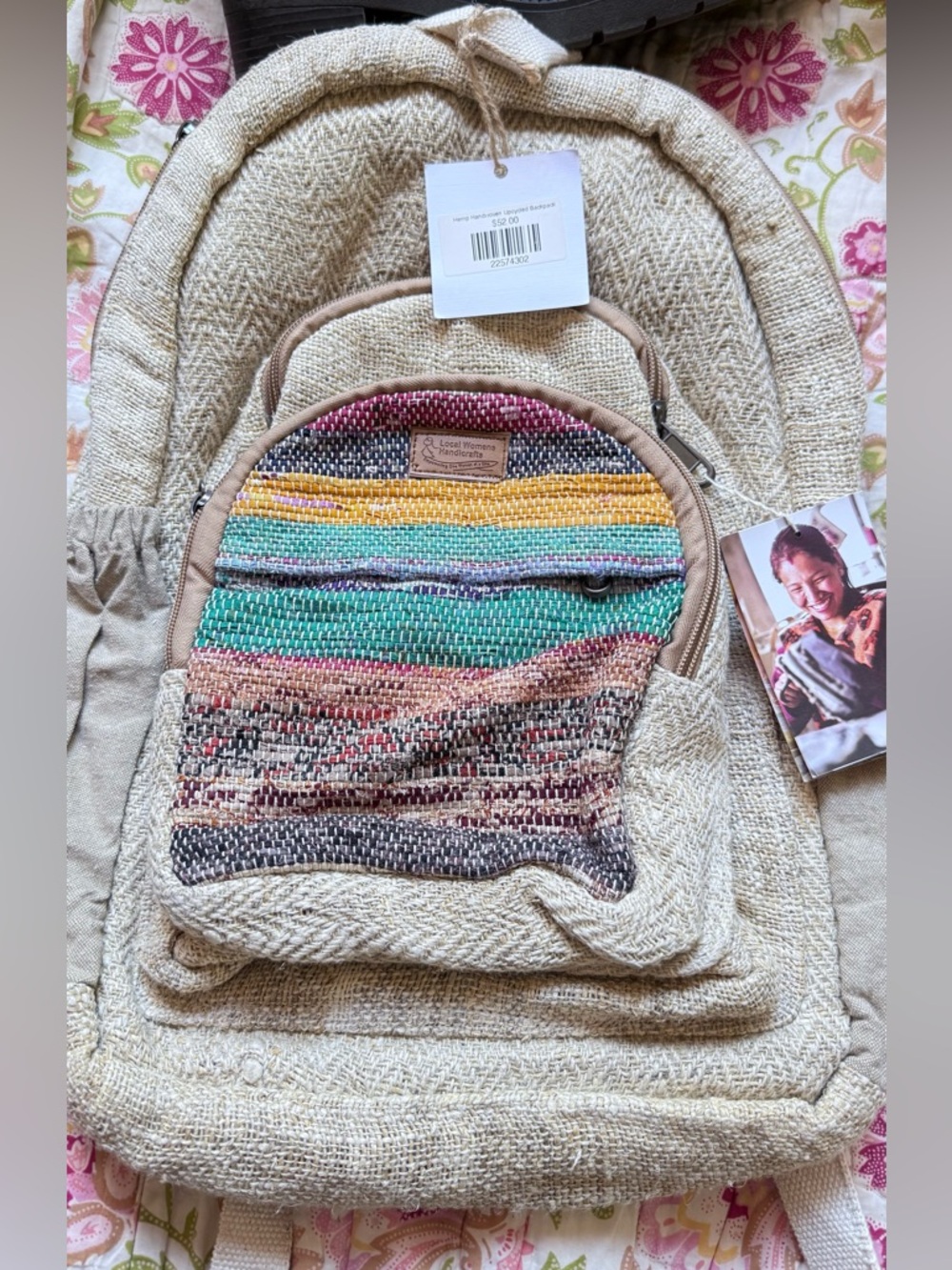 Hemp Handwoven Upcycled Multicolor Front Pocket Backpack - Natural Beige Accent
